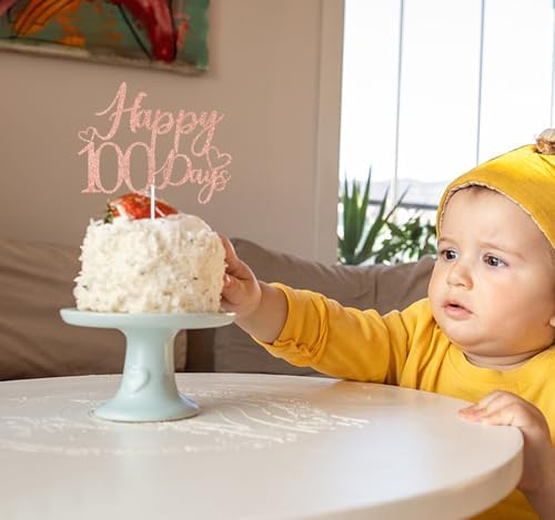 Rose Gold Glitter Happy 100 Days Cake Topper, Sweet 100 Days/Oh Baby, Funny Baby's Half Birthday 100 Days Birthday Party Decorations Supplies