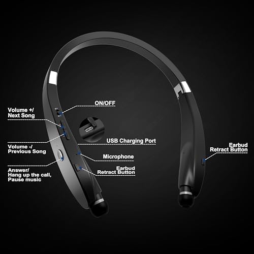 Bluetooth Neckband Headphones, Dpvisn Foldable Wireless Lightweight Neck Headset with Retractable Earbuds, Noise Cancelling Sweatproof Stereo Earphones with Mic & Carrying Case (Black)