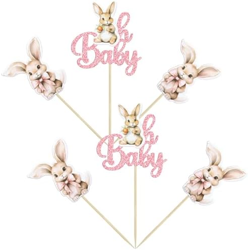 Gyufise 24Pcs Easter Bunny Oh Baby Cupcake Toppers Bunny Baby Shower Cupcake Pick Decorations for Easter Theme Spring Birthday Baby Shower Party Supplies Pink