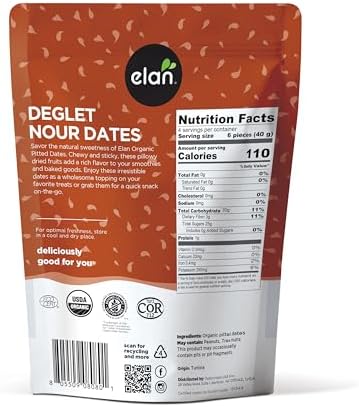 Elan Organic Pitted Dates, 6.5 oz, Naturally Sweet Dried Fruits, No Pits, No Sugar Added, No Sulphites, Non-GMO, Vegan, Gluten-Free, Kosher, Deglet Noor Dried Dates