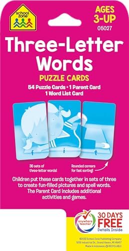 School Zone Three-Letter Words Puzzle Cards: 56 Flash Cards, Toddler, Preschool, Kindergarten, Letter Recognition, Spell Words, Spelling, Word-Picture Recognition, Ages 3+, Packaging May Vary