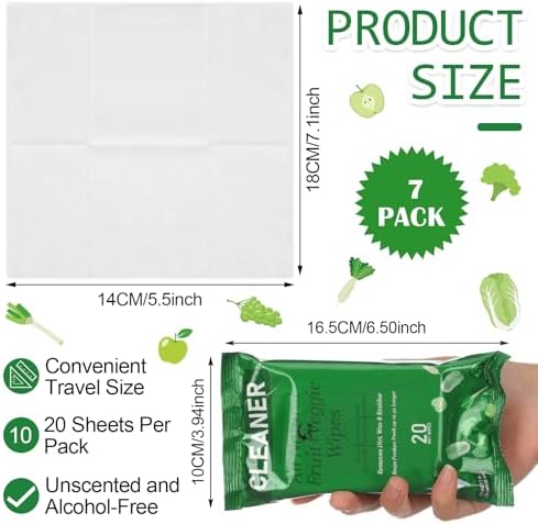 7 Pack Fruit Veggie Wipes Total 140 Count Fruit & Vegetable Wash Removes for Removing Pesticides Wax Dirt Portable Safe Vegetable Cleaning Wipes for Home Travel Use(Minimalist)