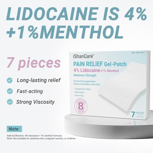 ishancare Lidocaine 4% + Menthol 1% Patches 14Count Fast Acting Maximum Strength Back Neck, Shoulders, Knees, Elbows Pain Relief - Temporary Nerve & Joint Pain Solution