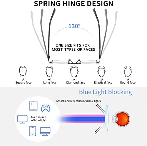 3 Pack Reading Glasses for Men Blue Light Blocking, Lightweight Rimless Metal Mens Eyeglasses Readers, Anti Eyestrain/Dryness/Computer Glare/UV 400, Spring Hinge Eyeglasses(150 Strength)