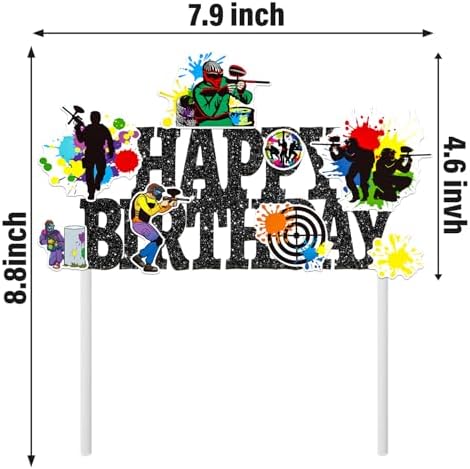 Paintball Birthday Cake Topper Glitter Black Paintball Birthday Party Decorations Paintball Themed Splatter Splash Cake Picks Decor for Paint Ball Shooting Game Sport Party Supplies