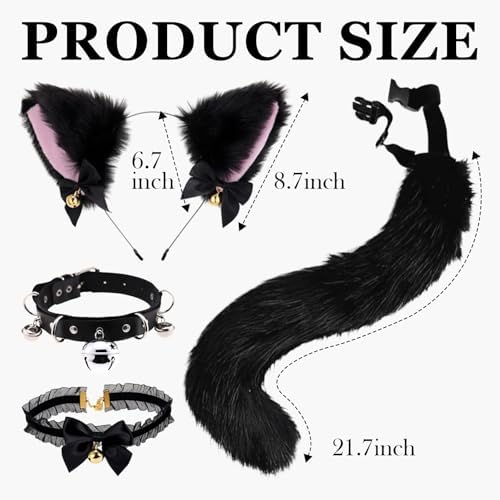 4 Pcs Cat Ears and Wolf Fox Animal Tail Cosplay Costume, Faux Fur Hair Clip Headdress Halloween Leather Neck Chocker Set Black Cat Ears and Wolf Fox Animal Tail Cosplay Girls Women
