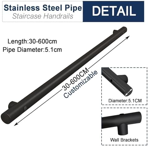 30-600cm Stair Handrail, Wall Mounted Hand Rails for Stairs Or Steps, Stainless Steel Staircase Handrails Anti-Slip Banister Rails, Industrial Outdoor Indoor Stairway Grab Bar Railing Stair Banister (