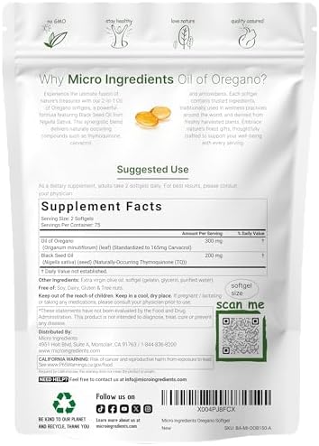 Micro Ingredients Oil of Oregano Softgels, 150 Count | 2 in 1 Formulated with Black Seed Oil | 4X Strength Carvacrol & Thymoquinone | Plant Based, Non-GMO