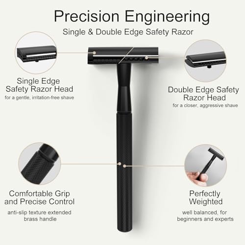 Safety Razors for Men, Reusable Metal Razor, with 10 Double Edge Blades, Smooth Close Gentle Shave, Plastic Free, Matte Black