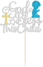 Gyufise 1Pc God Bless This Child Cake Topper Baptism Cake Decoration Silver Glitter First Communion God Bless Boy Cake Pick Decoration for Baptism Baby Shower Birthday Christmas Party