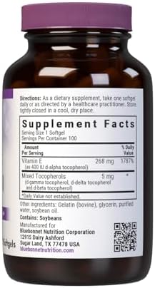 Bluebonnet Nutrition Vitamin E 400 IU (268 mg) Mixed Tocopherols Softgels, Free Radical Portection & Cardiovascular Support, Gluten-Free, Dairy-Free, Softgels, Servings, 100 Count