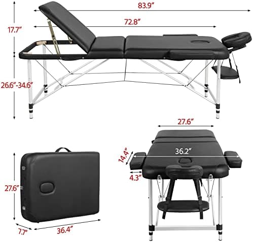 Yaheetech Massage Tables Portable Tattoo Table Adjustable Lash Bed Aluminium 3 Folding Spa Bed with Non-Woven Bag 28 inch Wide Black