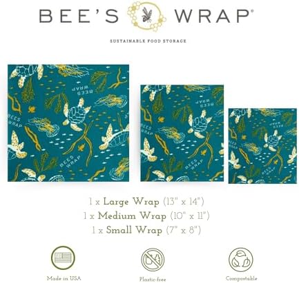 Bee's Wrap Beeswax Wraps for Food - 3 Pack of Assorted Beeswax Wraps - Small, Medium & Large Wrap - Made in USA Reusable Natural Food Wrap - Ocean Print