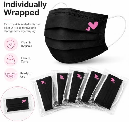 50Pcs Cute Pink Face Masks,Valentine Disposable Face Mask, Pink And Black Masks with Hearts Printed,3Ply Full Face Protection