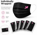 50Pcs Cute Pink Face Masks,Valentine Disposable Face Mask, Pink And Black Masks with Hearts Printed,3Ply Full Face Protection