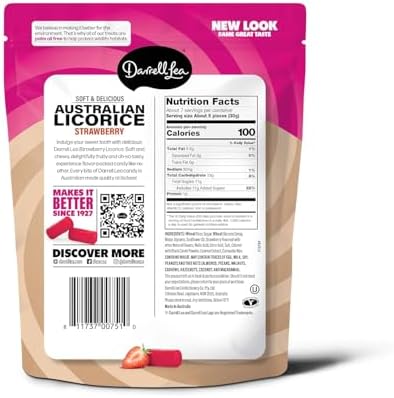 Darrell Lea Soft Australian Licorice, Non-GMO, No Palm Oil, Plant Based, No High Fructose Corn Syrup, Soft & Chewy Licorice Candy, Made in Australia (Strawberry, 7 Ounce (Pack of 1))