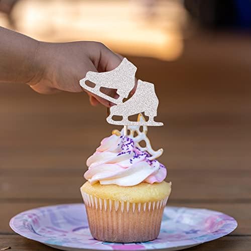 Rsstarxi 24 Pack Ice Skating Cupcake Toppers Glitter Ice Sports Theme Cupcake Picks Baby Shower Cake Decorations for Skating Theme Kids Birthday Party Supplies Silver