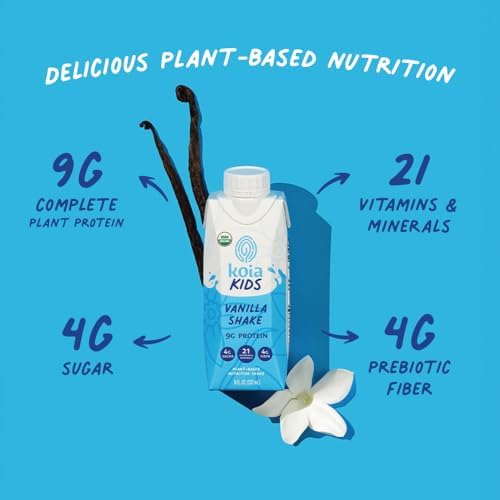 Koia Kids Plant Based Protein Shake, Vanilla, Ready to Drink, 9g Protein, 4g Low Sugar, 4g Fiber, 21 Vitamins & Minerals, Dairy-Free, Allergen-Free, Organic, Non-GMO, 8 Fl Oz (Pack of 12)