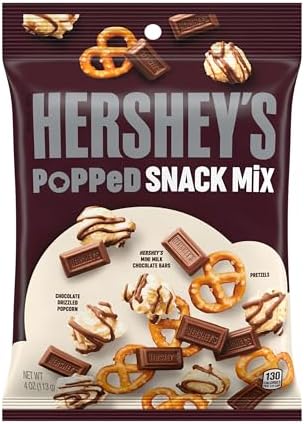 HERSHEY'S Milk Chocolate, Popcorn and Pretzel Popped Snack Mix Bag, 4 oz