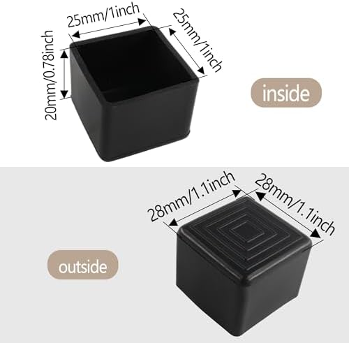 12PCS 1” x 1” Square Rubber Furniture Leg Caps, PVC Chair Leg Tips Caps, Furniture Foot Protectors, Black Rubber Table Foot Cover, Wear-Resistant Table Chair Leg End Cap