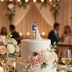 Storieme Bride Groom Cake Topper: Couple and Pet Dog Resin Figurine with Secure Base - Newlyweds Family Gifts for Wedding Anniversary & Engagement
