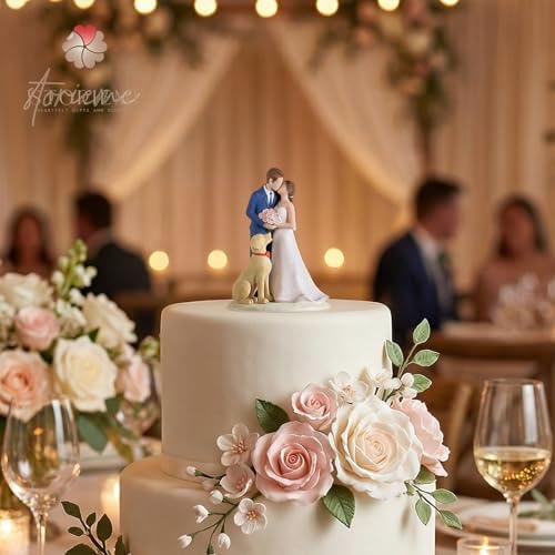 Storieme Bride Groom Cake Topper: Couple and Pet Dog Resin Figurine with Secure Base - Newlyweds Family Gifts for Wedding Anniversary & Engagement