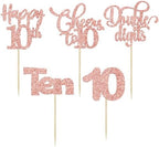 30 Pack Happy 10th Birthday Cupcake Toppers - Glitter Double Digits Cheers to 10 Years Old Cupcake Picks for Anniversary Party Cake Decorations - Rose Gold