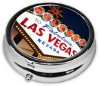 Pill Box,Welcome to The Las Vegas Sign Round 3 Compartment Pill Box Pocket Purse Decorative Box Portable Mini Travel Medicine Case Tablet Vitamin Holder Organizer Pill Case