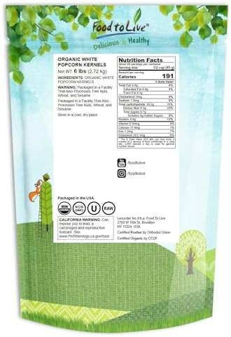Food to Live Organic White Popcorn Kernels, 6 Pounds – Hulless Uncooked Whole Corn Ideal for Popping. USA Grown, USDA Certified. Non-GMO, Vegan, Kosher, Bul