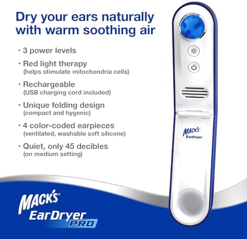 Mack's Ear Dryer PRO Rechargeable Warm Air Ear Water Drying Aid with Red Light Therapy and 3 Power Levels for Swimmers' Ears, Showering, Water Sports, Surfing, Scuba, and Hearing Aids