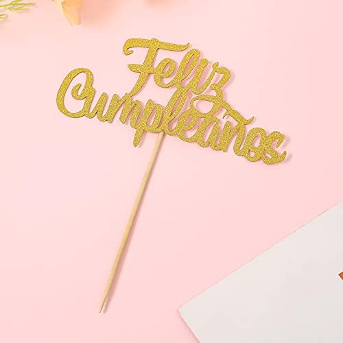 Feliz Cumpleaños Cake Topper - Gold Glitter Happy Birthday Cake Topper, Fiesta Theme Party Decoration Supplies, Golden Glitter Decorations (gold01)