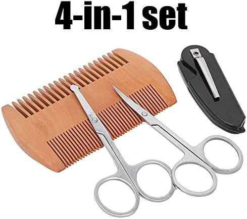 4 in 1 Beard Shaping Styling Kits for Men, Include Double Sided Wooden Comb Pointed Scissors Small Folding Comb and Round Head Scissors, Beard Shaping Styling Tool for Home Salon