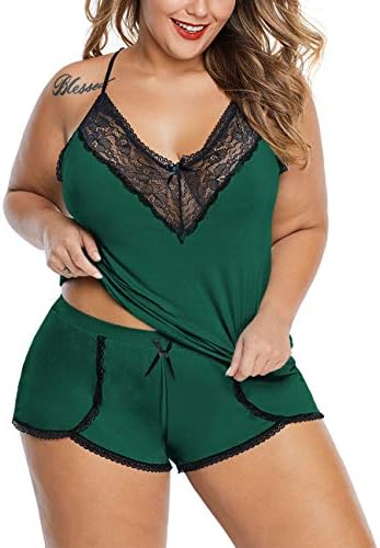 XAKALAKA Women Plus Size Pajamas Cami Shorts Set Nightwear Sexy Lace Lingerie Sleepwear