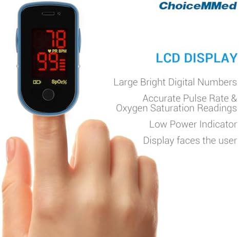 CHOICEMMED Finger Pulse Oximeter - Blue Blood Oxygen Monitor with Batteries - Portable O2 Saturation Sensor in Carry Pouch
