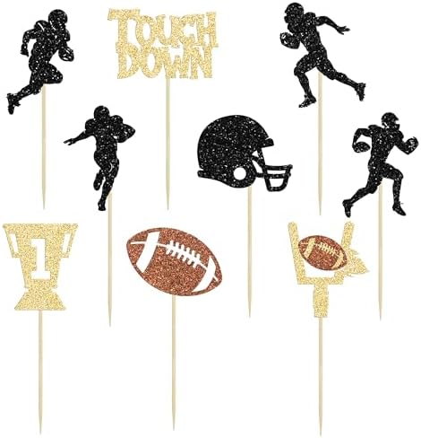 36Pcs Rugby Ball Cupcake Toppers Glitter Trophy American Football Cupcake Picks Touchdown Player Cake Decorations for Super Bowl Rugby Sports Theme Baby Shower Kids Birthday Party Supplies