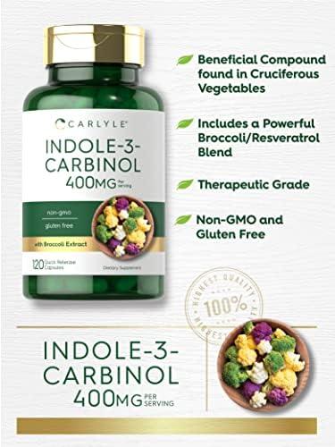 Carlyle Indole-3-Carbinol (I3C) 400mg | 120 Capsules | Advanced Formula with Broccoli Extract | Non-GMO, Gluten Free