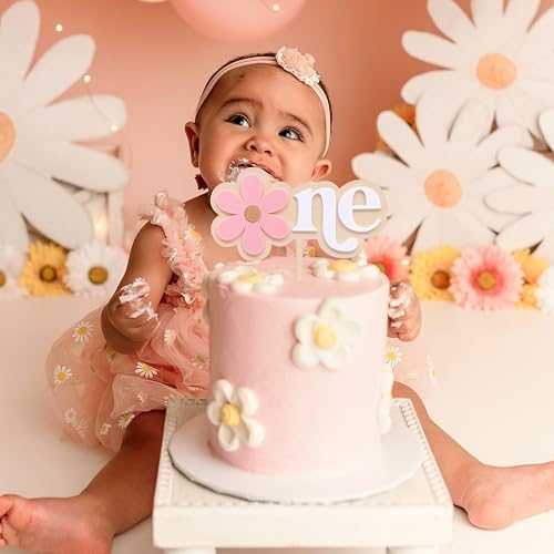Pink Daisy Wooden Cake Topper - Flower Sweet One Birthday Decorations,Bohemian Daisy 1st Birthday Cake Topper,Groovy Daisy Smash Cake Decoration,Daisy Princess First Birthday Party Photo Prop