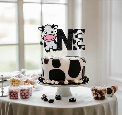 Black Glitter Cow One Cake Topper, Holy Cow I'm One Cake Décor, Cow Wild Animals Themed Baby's 1st Birthday Party Decorations Supplies