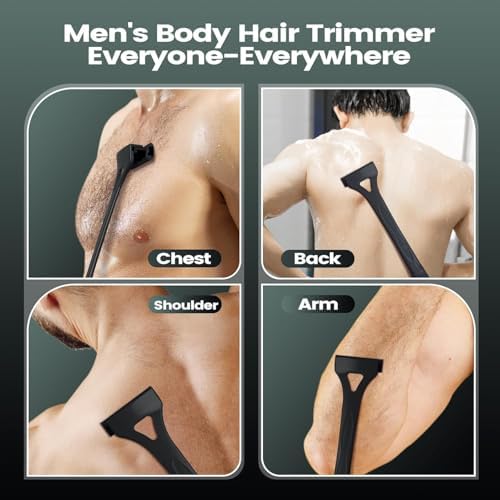 Back Shavers for Men with Foldable Long Ergonomic Handle: DIY Hair Shaver, Replaceable Safety Blade & Portable Razor Groomer for Men, Wet & Dry Shaving-Black (8PCS Blades Included)