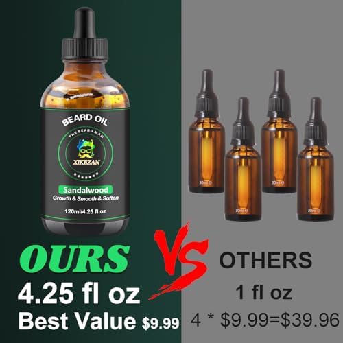 XIKEZAN Beard Oil,Beard Oil for Men,120ml/4.25 OZ Large Volume Sandalwood Natural Beard Growth Oil,Promote Beard Care Growth Mustaches Soften Strength Leave in Conditioner,Unique Gifts for Men Him Dad