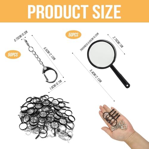 50 Pack Mini Black Magnifying Glasses with Keychain, Small Handheld Magnifiers for Jewelry, Reading, Maps, Crafts, Outdoor Observation, Travel Accessories and Bulk Event Supplies