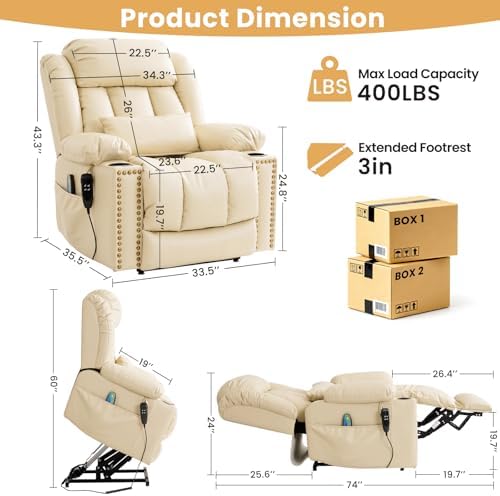 Dual Motor Power Lift Recliner Chair for Elderly, Infinite Position Lay Flat Lift Chair with Massage and Heat,Extended Footrest, Leather, USB Ports, Cup Holders & Lumbar Pillow (Cream (Nailhead Trim))