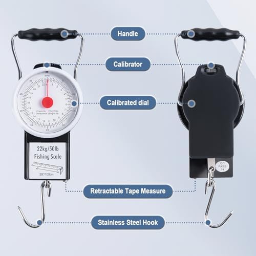 Goture Hanging Scale with 39" Built-in Tape Measure, 50lb/22kg Fishing Scale, Battery-Free Mechanical Spring Scale for Weighing & Measuring Fish, Waterproof Fishing Gear for Saltwater and Freshwater