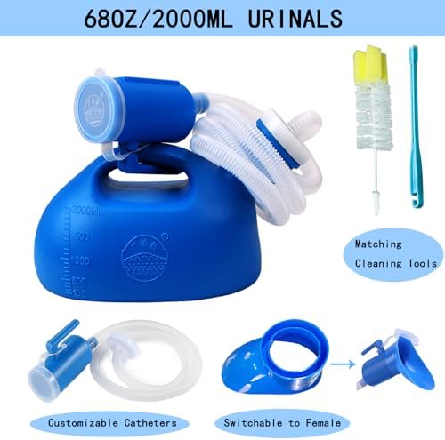 2000ML Portable Urinal for Men and Women, Spill Proof Urine Bottles for Men, Thick Large Pee Bottle with Long Tube and Lid, for Hospital Car Home Toilet Travel Camping (Blue)