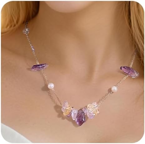 Healing Crystal Necklace for Women Amethyst Spiritual Zircon Pearl Beads Handmade Gemstone Crystals Stones Beaded Adjustable Necklaces Jewelry