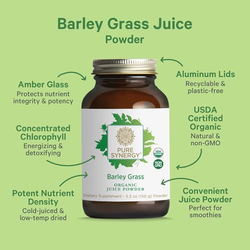 PURE SYNERGY Organic Barley Grass Juice Powder | Chlorophyll-Rich Greens Powder | Organic Cold-Pressed Barley Grass Juice | for Energy, Detox, and Digestion Support (5.3 oz.)