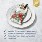 PAW - Christmas Linen Feel Napkins with Built-in Flatware Pocket, Absorbent Pre-Folded Dinner Napkins with Poinsettia, Guest Towels for Xmas Dinner, Wedding, Winter Holiday, Decorative Towel, 50 Count