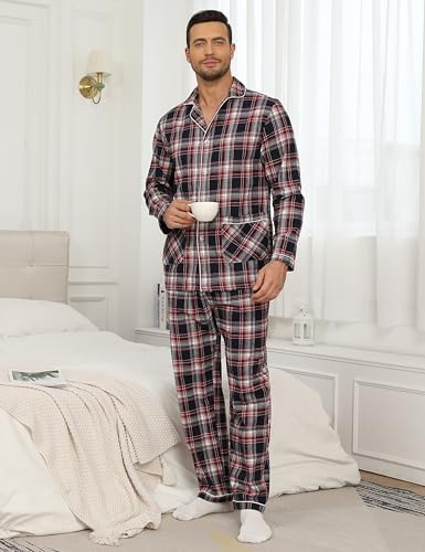 MoFiz Mens Pajama Set Soft Cotton Button Down Notched Collar Pjs Long Sleeve 2 Piece Sleepwear Lounge Nightwear with Pocket