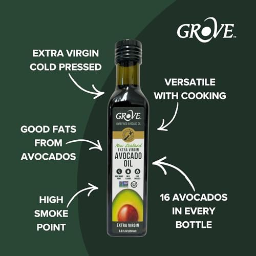 Grove Extra Virgin Avocado Oil - Plant Based, Vegan, Gluten Free, 100% Natural, Cold Pressed, High Smoke Point, 16 Whole Avocados in Every Bottle (8.4oz, 250ml)