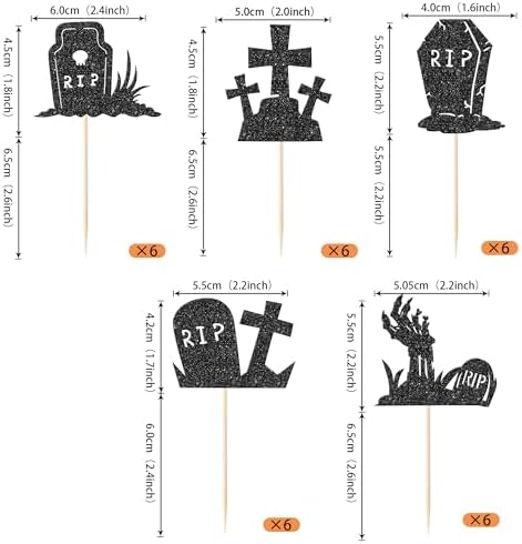 Rsstarxi 30 Pack Halloween Tombstone Cupcake Toppers Glitter RIP Spooky Zombie Graveyard Cupcake Food Picks Decoration for Halloween Horror Birthday Party Cake Decorations